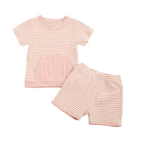 Load image into Gallery viewer, 2 Pieces Set Baby Kid Girls Striped Muslin&amp;Ribbed Tops And Shorts Wholesale 22051386
