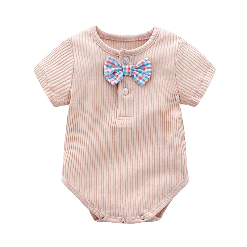 Baby Unisex Solid Color Bow Muslin&Ribbed Rompers Wholesale 22051610