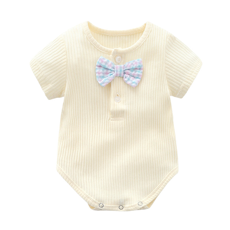 Baby Unisex Solid Color Bow Muslin&Ribbed Rompers Wholesale 22051610