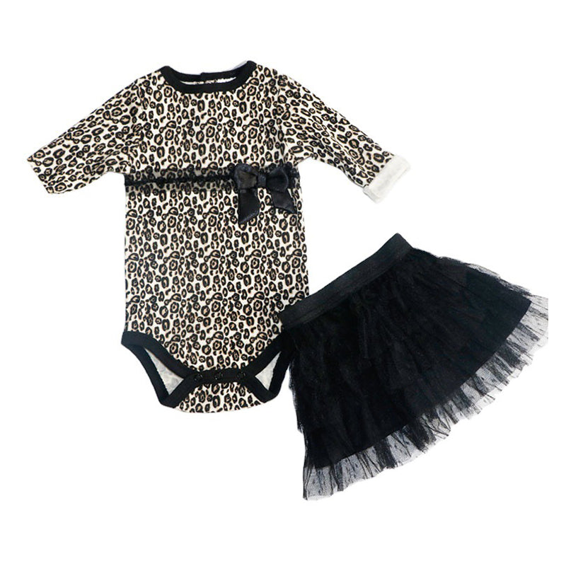 3 Pieces Set Baby Girls Leopard Rompers Solid Color Skirts And Bow Headwear Wholesale 22051612