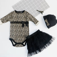 Load image into Gallery viewer, 3 Pieces Set Baby Girls Leopard Rompers Solid Color Skirts And Bow Headwear Wholesale 22051612
