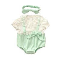 Load image into Gallery viewer, Baby Girls Color-blocking Flower Bow Lace Muslin&amp;Ribbed Rompers Headwear Wholesale 220516162
