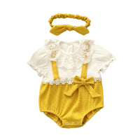 Load image into Gallery viewer, Baby Girls Color-blocking Flower Bow Lace Muslin&amp;Ribbed Rompers Headwear Wholesale 220516162
