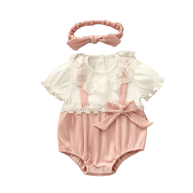 Baby Girls Color-blocking Flower Bow Lace Muslin&Ribbed Rompers Headwear Wholesale 220516162