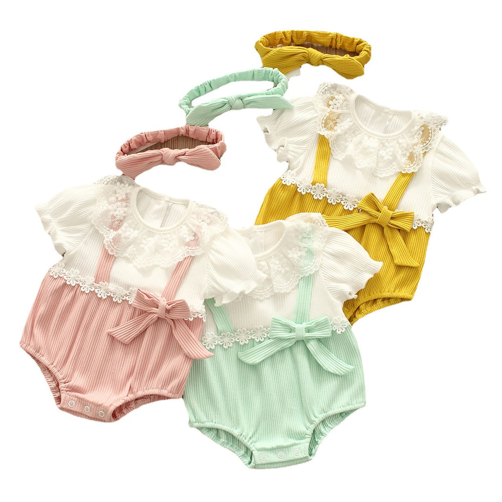 Baby Girls Color-blocking Flower Bow Lace Muslin&Ribbed Rompers Headwear Wholesale 220516162