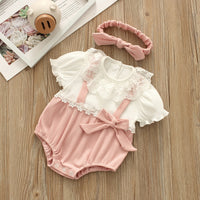Load image into Gallery viewer, Baby Girls Color-blocking Flower Bow Lace Muslin&amp;Ribbed Rompers Headwear Wholesale 220516162

