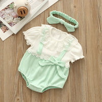 Load image into Gallery viewer, Baby Girls Color-blocking Flower Bow Lace Muslin&amp;Ribbed Rompers Headwear Wholesale 220516162
