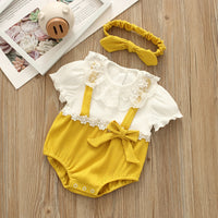Load image into Gallery viewer, Baby Girls Color-blocking Flower Bow Lace Muslin&amp;Ribbed Rompers Headwear Wholesale 220516162
