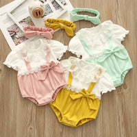 Load image into Gallery viewer, Baby Girls Color-blocking Flower Bow Lace Muslin&amp;Ribbed Rompers Headwear Wholesale 220516162
