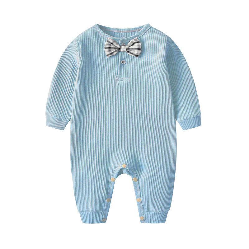 Baby Unisex Solid Color Bow Muslin&Ribbed Jumpsuits Wholesale 22051632
