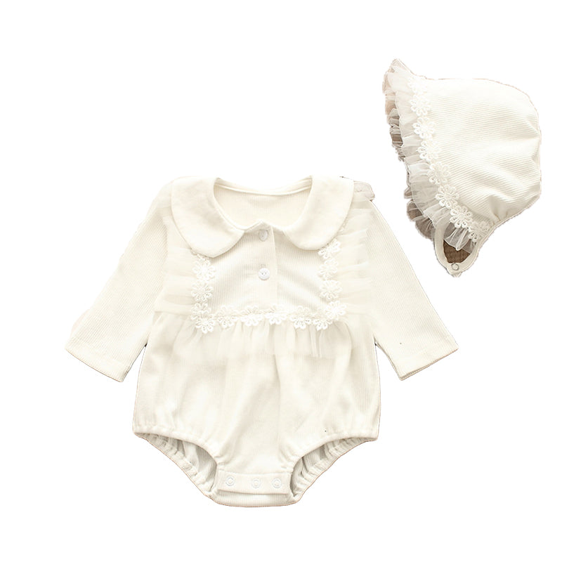Baby Girls Solid Color Lace Rompers And Hats Wholesale 22051641