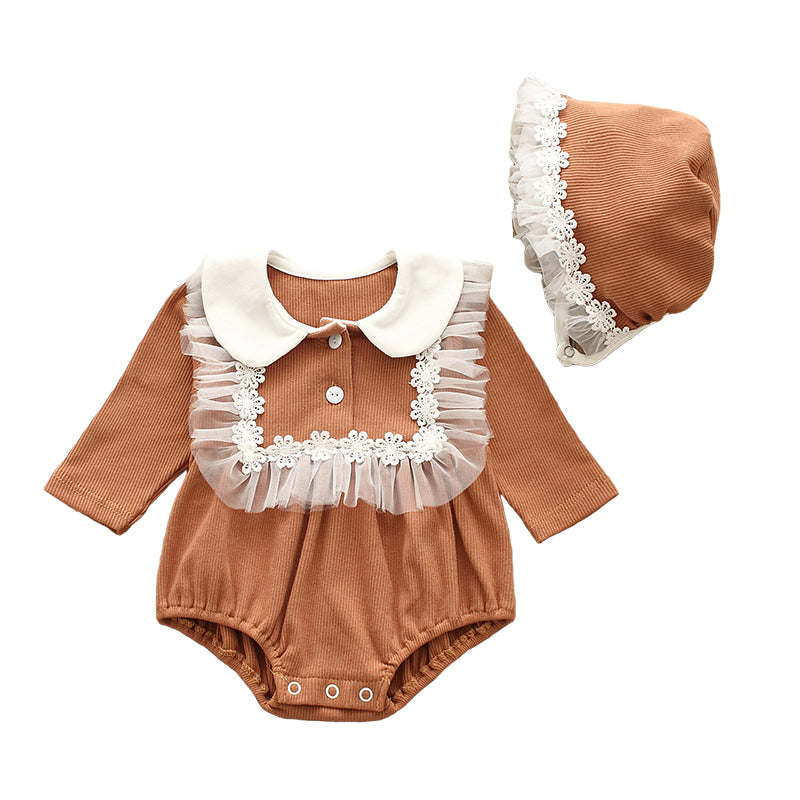 Baby Girls Solid Color Lace Rompers And Hats Wholesale 22051641