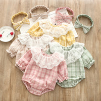 Load image into Gallery viewer, Baby Girls Checked Lace Rompers Wholesale 22051642
