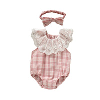 Load image into Gallery viewer, Baby Girls Checked Rompers And Bow Accessories Headwear Wholesale 22051665
