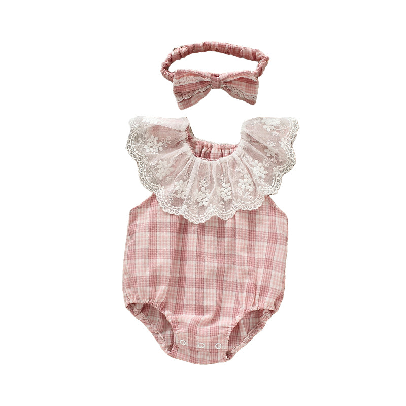 Baby Girls Checked Rompers And Bow Accessories Headwear Wholesale 22051665