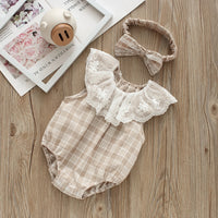 Load image into Gallery viewer, Baby Girls Checked Rompers And Bow Accessories Headwear Wholesale 22051665
