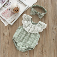 Load image into Gallery viewer, Baby Girls Checked Rompers And Bow Accessories Headwear Wholesale 22051665

