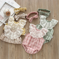 Load image into Gallery viewer, Baby Girls Checked Rompers And Bow Accessories Headwear Wholesale 22051665
