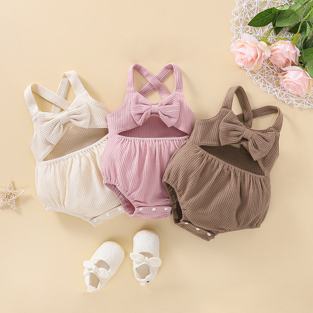 Baby Kid Girls Solid Color Bow Rompers Wholesale 22051691