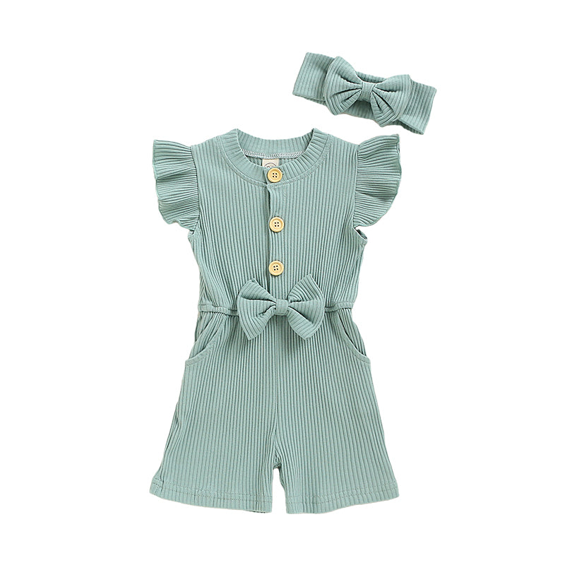 Baby Kid Girls Solid Color Bow Muslin&Ribbed Rompers Wholesale 22051695