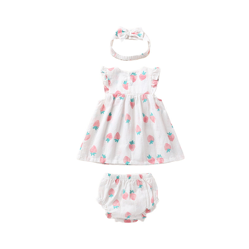 3 Pieces Set Baby Girls Fruit Bow Print Dresses And Underwears And Headwear Wholesale 22051705