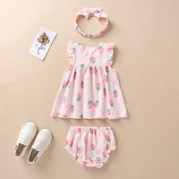 Load image into Gallery viewer, 3 Pieces Set Baby Girls Fruit Bow Print Dresses And Underwears And Headwear Wholesale 22051705
