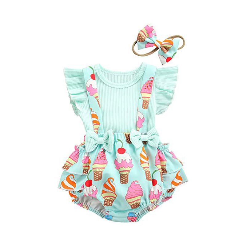 2 Pieces Set Baby Girls Bow Muslin&Ribbed Print Tank Tops And Shorts Wholesale 220517156