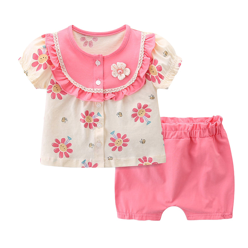 2 Pieces Set Baby Kid Girls Flower T-Shirts And Solid Color Shorts Wholesale 220517206