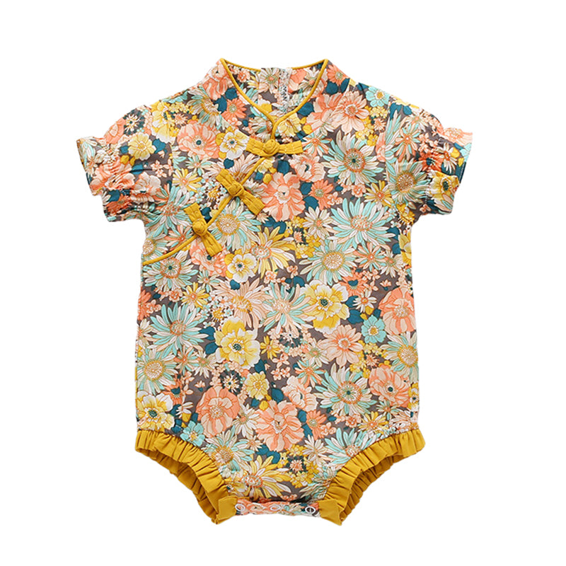 Baby Girls Color-blocking Flower Print Rompers Wholesale 22051733