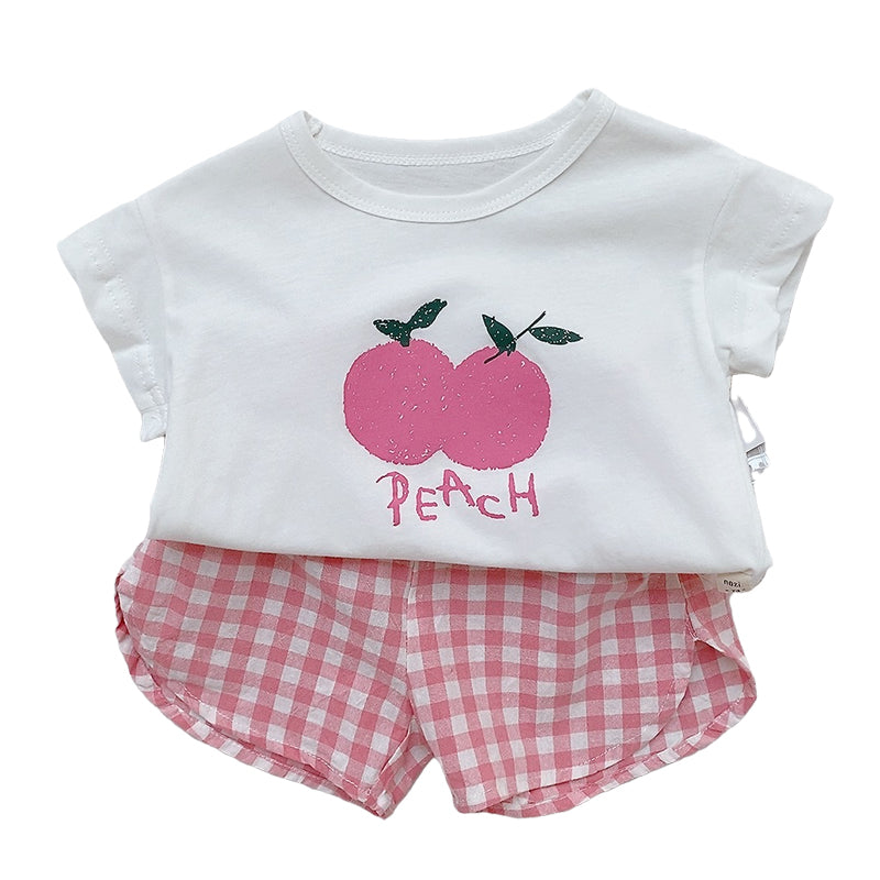 2 Pieces Set Baby Girls Boys Letters Fruit Print T-Shirts And Checked Shorts Wholesale 22051743