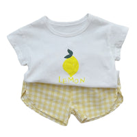 Load image into Gallery viewer, 2 Pieces Set Baby Girls Boys Letters Fruit Print T-Shirts And Checked Shorts Wholesale 22051743
