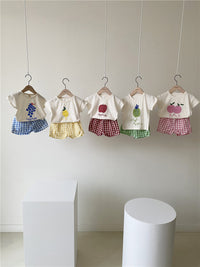Load image into Gallery viewer, 2 Pieces Set Baby Girls Boys Letters Fruit Print T-Shirts And Checked Shorts Wholesale 22051743
