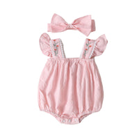 Load image into Gallery viewer, Baby Girls Flower Checked Bow Embroidered Print Rompers Headwear Wholesale 22051786
