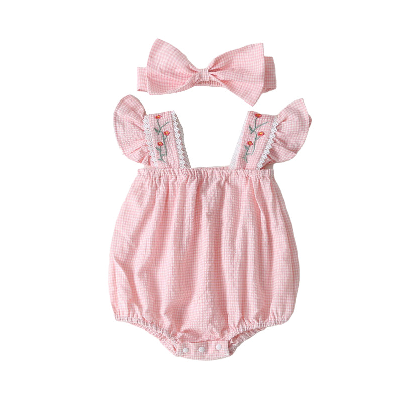 Baby Girls Flower Checked Bow Embroidered Print Rompers Headwear Wholesale 22051786