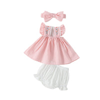 Load image into Gallery viewer, 2 Pieces Set Baby Kid Girls Flower Checked Embroidered Print Tops And Solid Color Shorts Bow Headwear Wholesale 093412006
