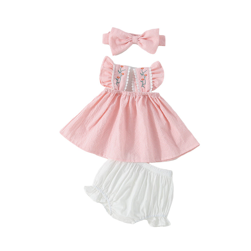 2 Pieces Set Baby Kid Girls Flower Checked Embroidered Print Tops And Solid Color Shorts Bow Headwear Wholesale 093412006