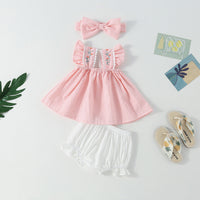 Load image into Gallery viewer, 2 Pieces Set Baby Kid Girls Flower Checked Embroidered Print Tops And Solid Color Shorts Bow Headwear Wholesale 093412006
