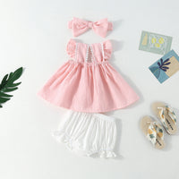 Load image into Gallery viewer, 2 Pieces Set Baby Kid Girls Flower Checked Embroidered Print Tops And Solid Color Shorts Bow Headwear Wholesale 093412006
