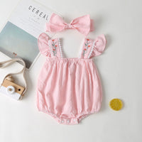 Load image into Gallery viewer, Baby Girls Flower Checked Bow Embroidered Print Rompers Headwear Wholesale 22051786
