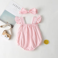 Load image into Gallery viewer, Baby Girls Flower Checked Bow Embroidered Print Rompers Headwear Wholesale 22051786
