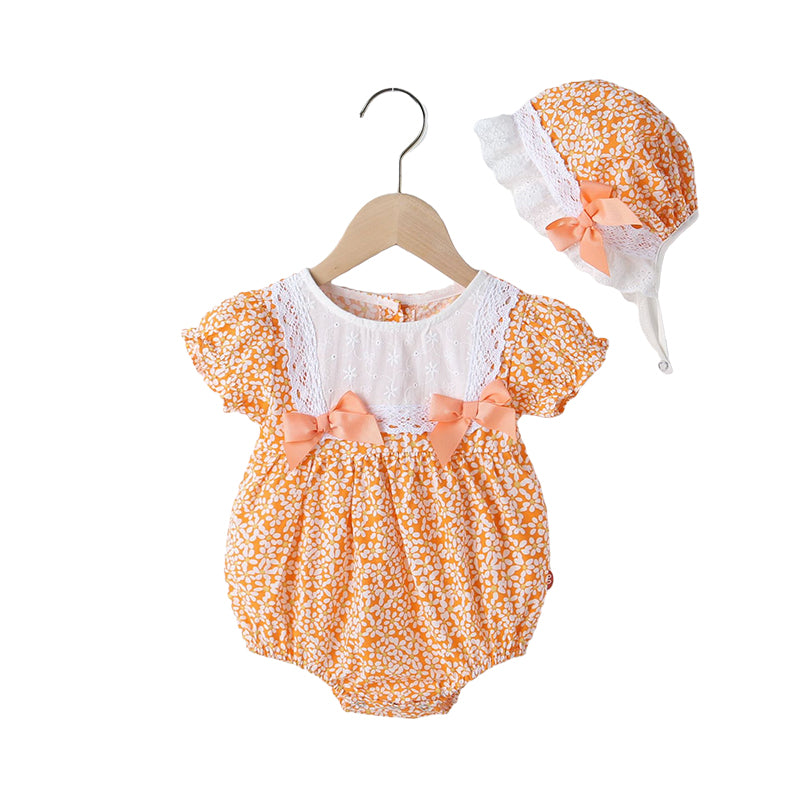 Baby Girls Flower Bow Print Rompers Hats Wholesale 22051787