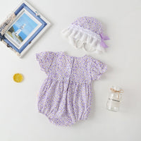 Load image into Gallery viewer, Baby Girls Flower Bow Print Rompers Hats Wholesale 22051787
