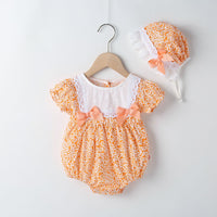 Load image into Gallery viewer, Baby Girls Flower Bow Print Rompers Hats Wholesale 22051787
