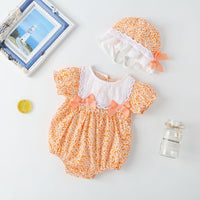 Load image into Gallery viewer, Baby Girls Flower Bow Print Rompers Hats Wholesale 22051787
