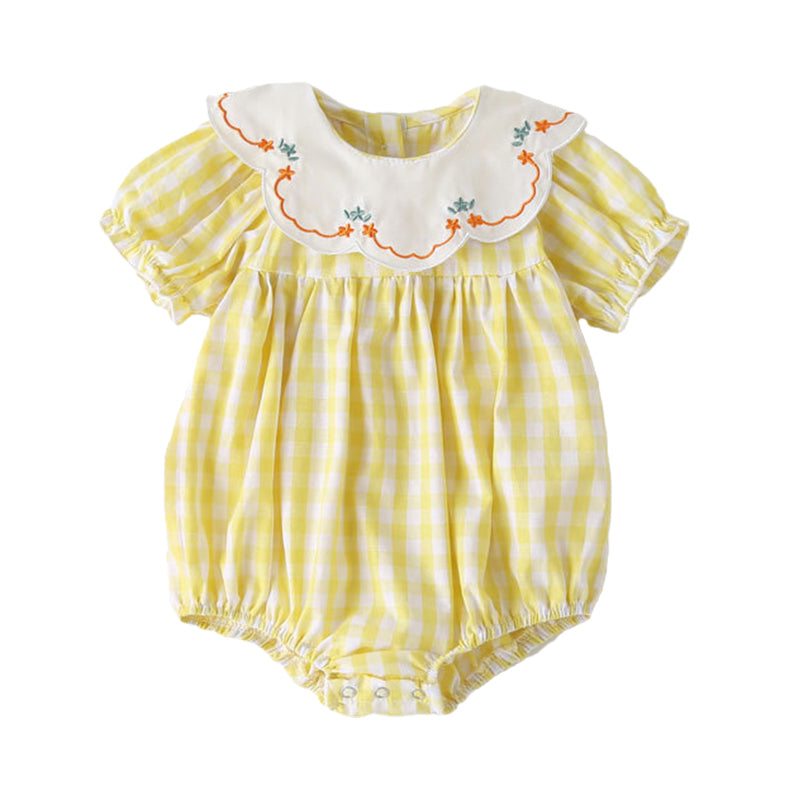 Baby Girls Checked Embroidered Print Rompers Wholesale 22051791