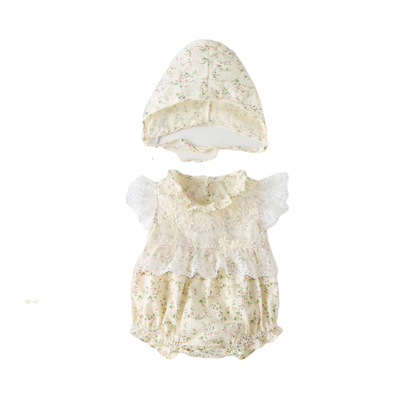 Baby Girls Flower Lace Print Rompers Hats Wholesale 22051792