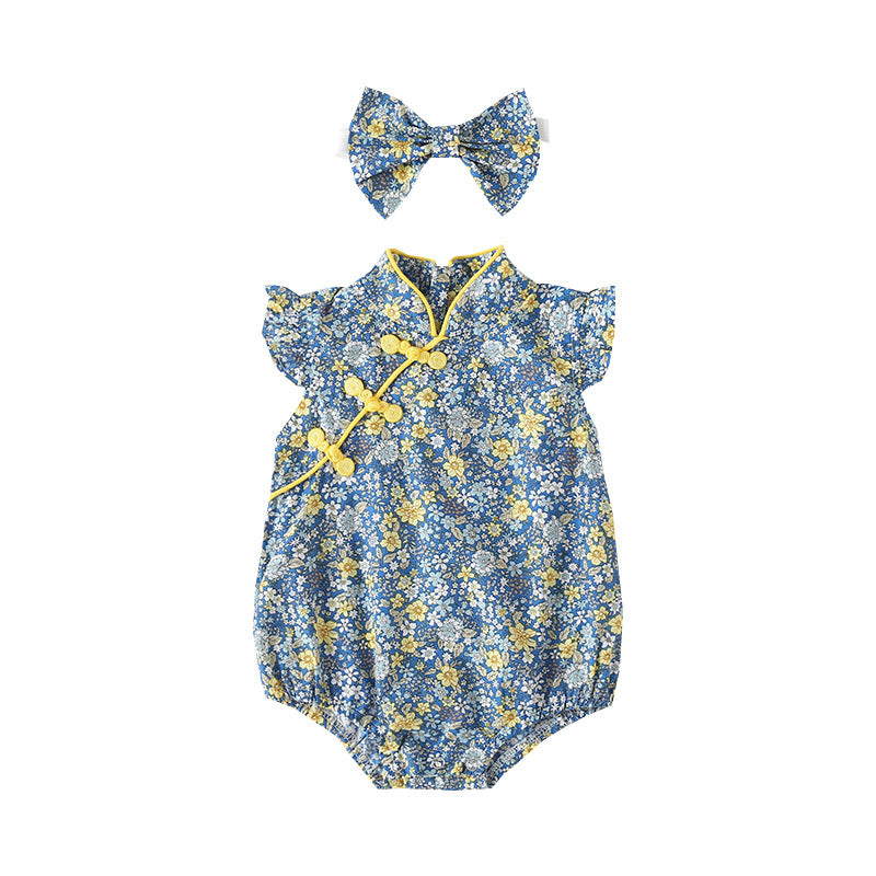 Baby Girls Flower Bow Print Rompers Dresses Wholesale 22051799