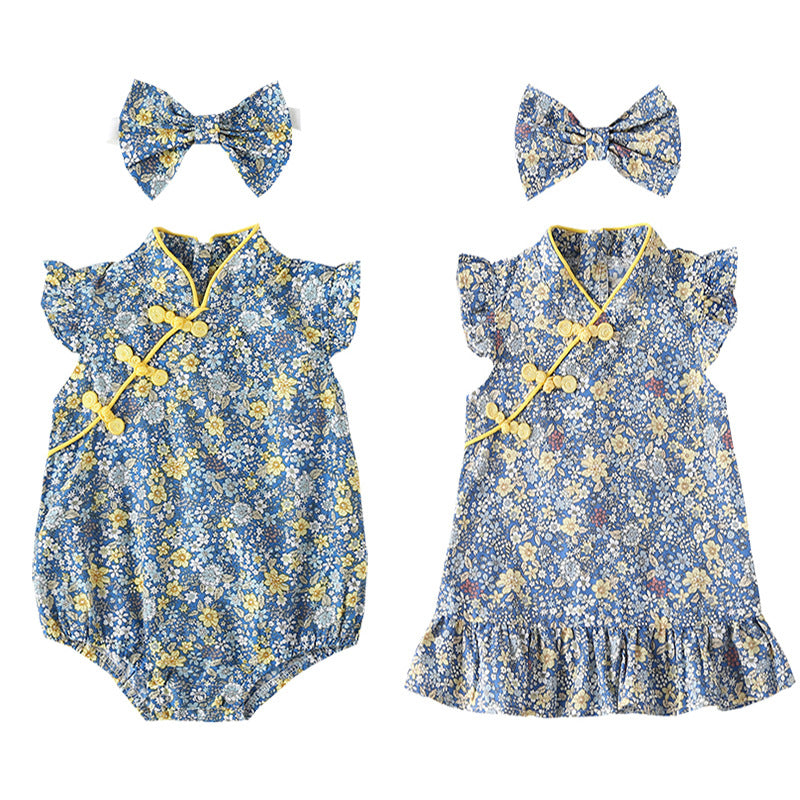Baby Girls Flower Bow Print Rompers Dresses Wholesale 22051799