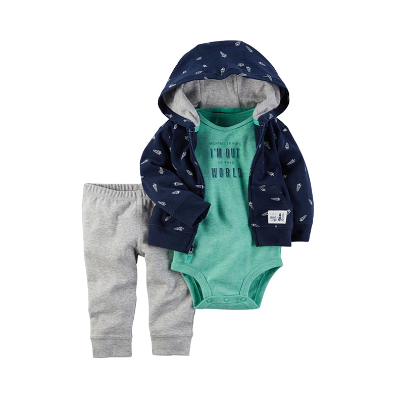 3 Pieces Set Baby Unisex Letters Print Rompers Cartoon Jackets Outwears And Solid Color Pants Wholesale 22051808