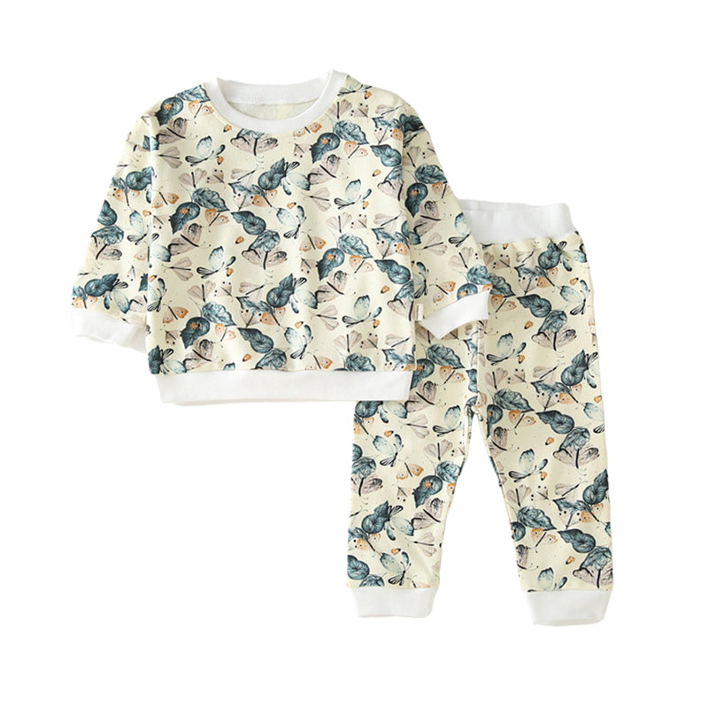 2 Pieces Set Baby Kid Unisex Flower Butterfly Plant Print Tops And Pants Wholesale 194012010